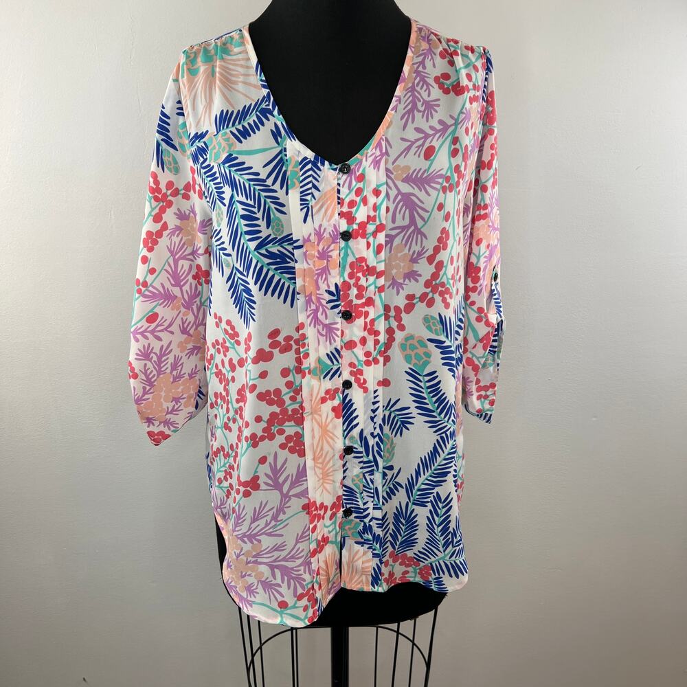 YUMI KIM Lizzie Top Pink Purple Floral Print Pleated Roll-Tab Sleeves Blouse S
